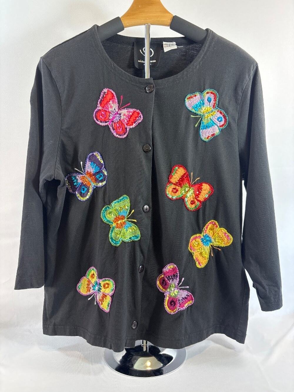 Michael Simon Event Y2K Butterfly Sequin Appliqué Black Cotton Cardigan Top M